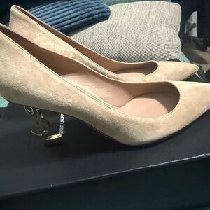 Saint Laurent Tan Suede Heels with Metallic Gold Detail